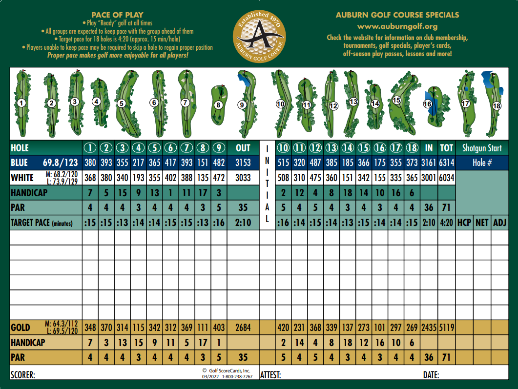Scorecard Auburn Golf Course